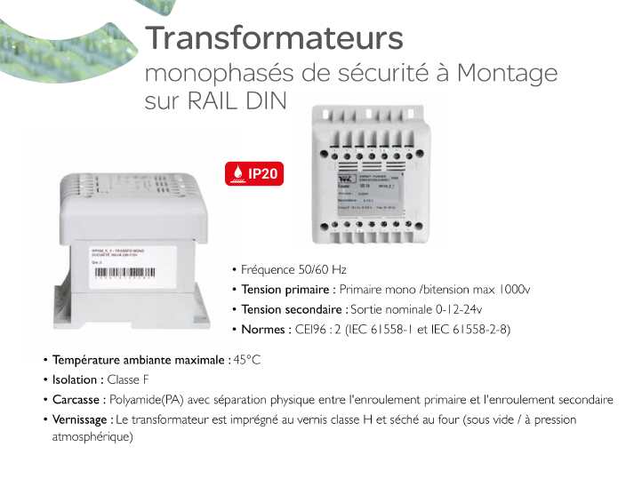 Transformateur monophasé de sécurité à Montage sur RAIL DIN